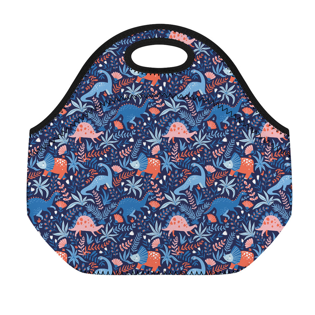 Cute Dino Leaves And Flowers Print Neoprene Lunch Bag