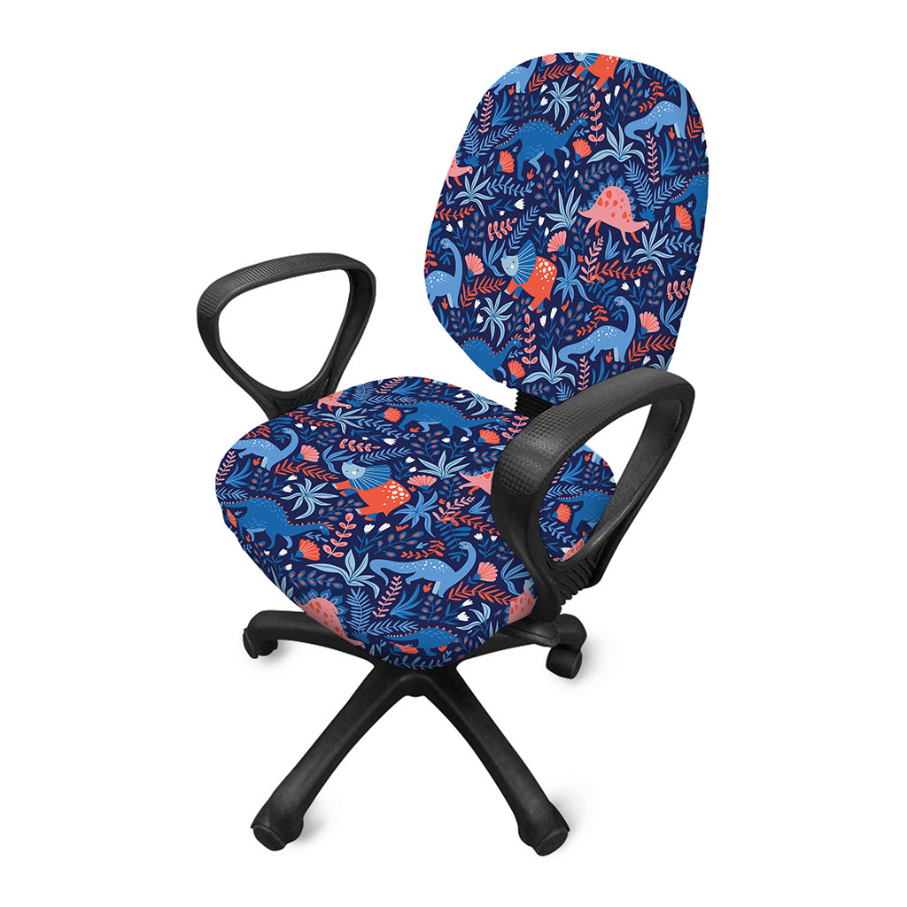 Cute Dino Leaves And Flowers Print Office Chair Cover