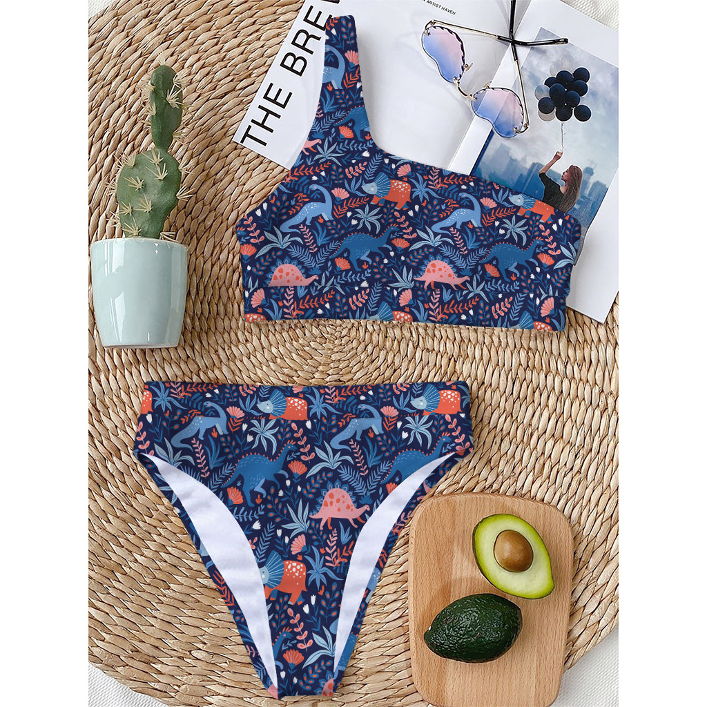 Cute Dino Leaves And Flowers Print One Shoulder Bikini Top