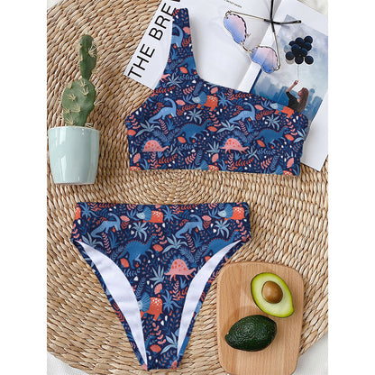 Cute Dino Leaves And Flowers Print One Shoulder Bikini Top
