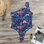 Cute Dino Leaves And Flowers Print One Shoulder Bodysuit