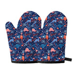Cute Dino Leaves And Flowers Print Oven Mitts