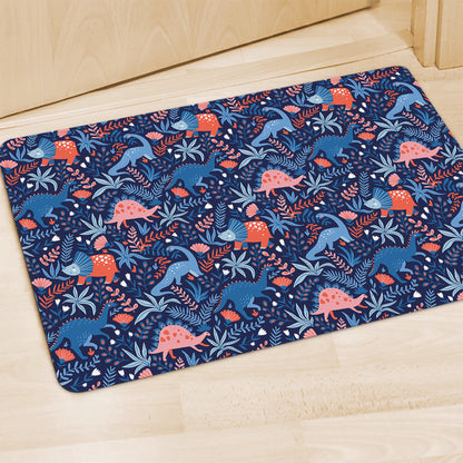 Cute Dino Leaves And Flowers Print Polyester Doormat