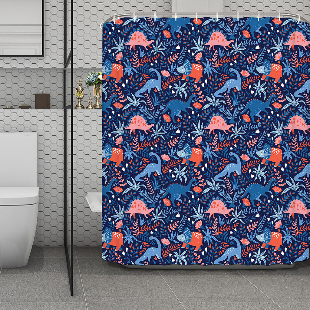 Cute Dino Leaves And Flowers Print Polyester Shower Curtain
