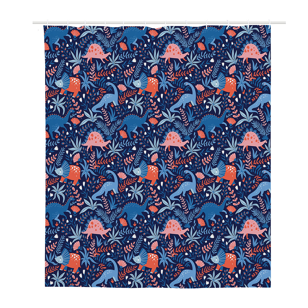Cute Dino Leaves And Flowers Print Polyester Shower Curtain