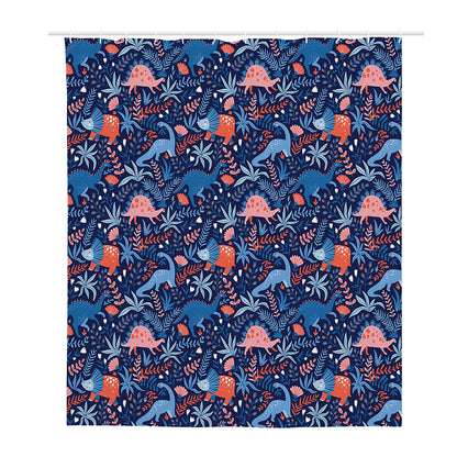 Cute Dino Leaves And Flowers Print Polyester Shower Curtain