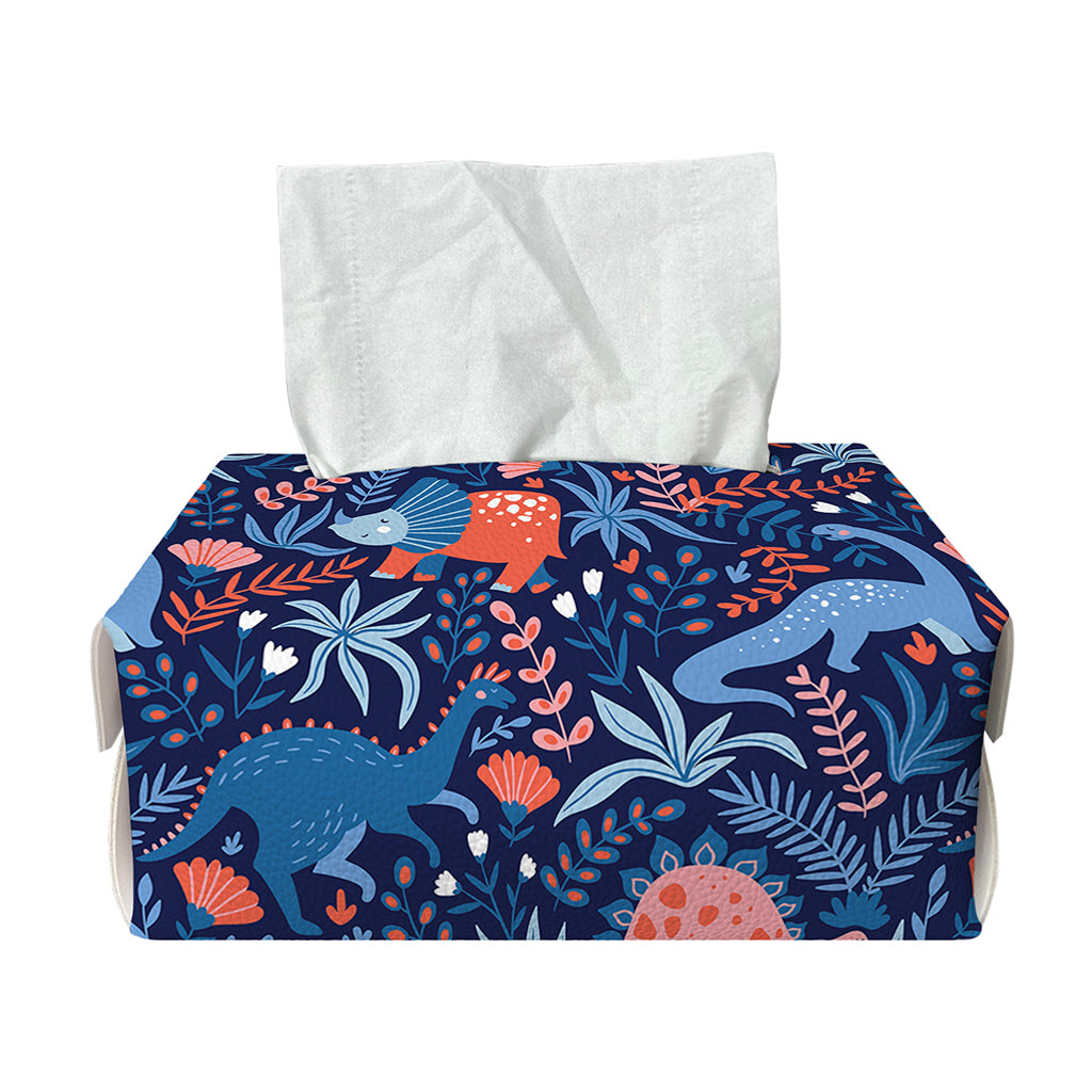 Cute Dino Leaves And Flowers Print Rectangle Tissue Box Cover