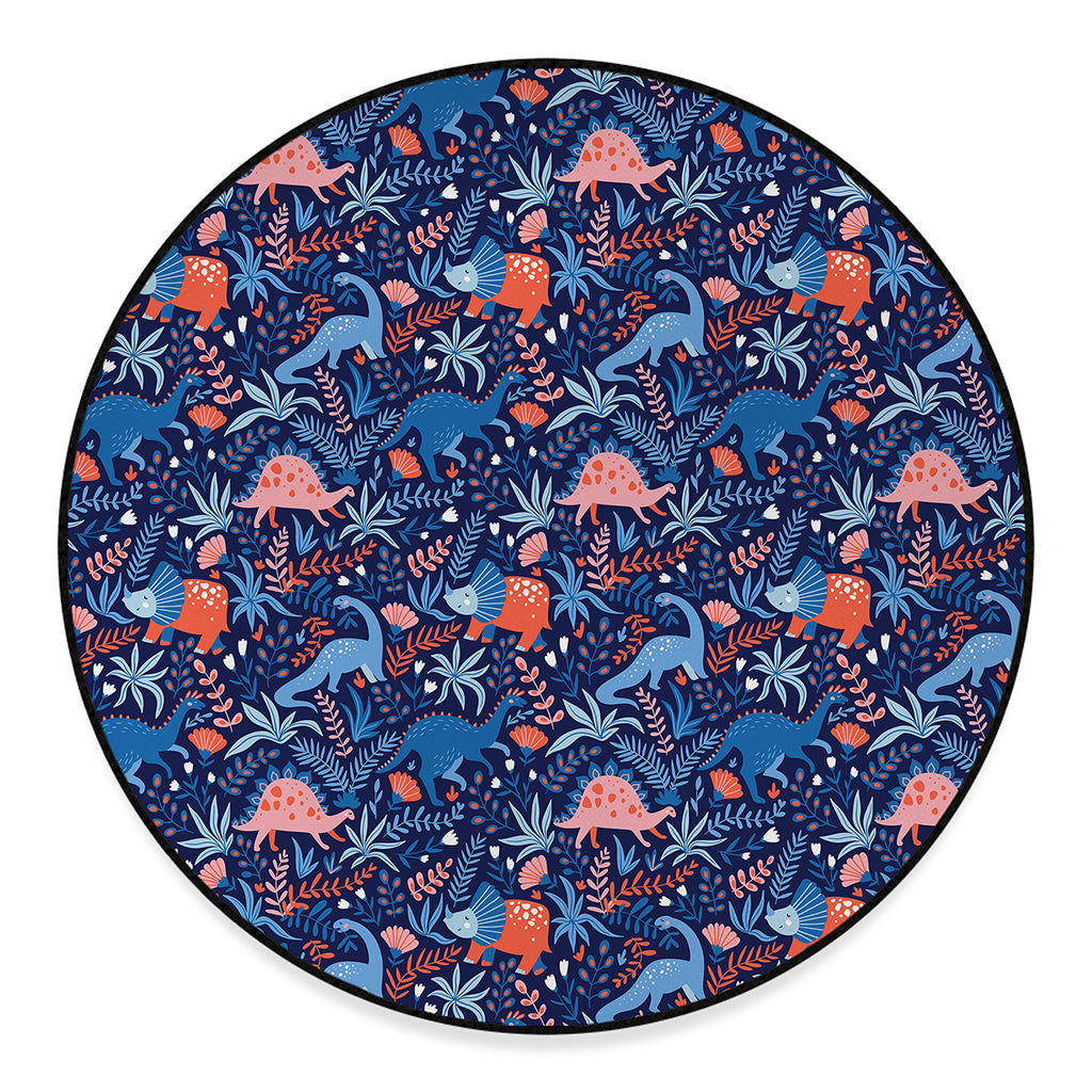 Cute Dino Leaves And Flowers Print Round Floor Mat