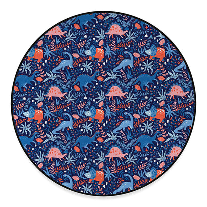 Cute Dino Leaves And Flowers Print Round Floor Mat