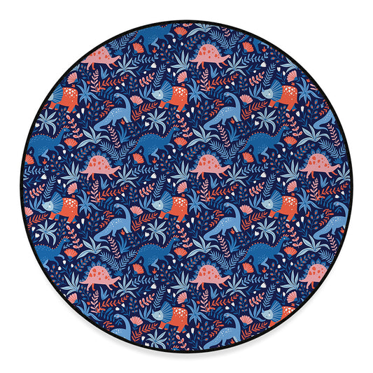 Cute Dino Leaves And Flowers Print Round Floor Mat