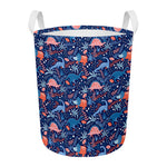Cute Dino Leaves And Flowers Print Round Laundry Basket