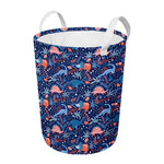Cute Dino Leaves And Flowers Print Round Laundry Basket