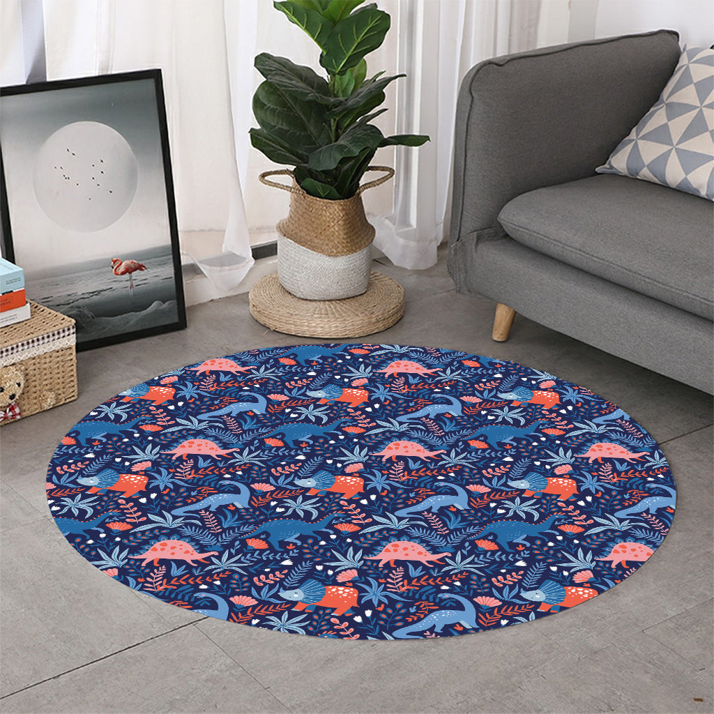 Cute Dino Leaves And Flowers Print Round Rug