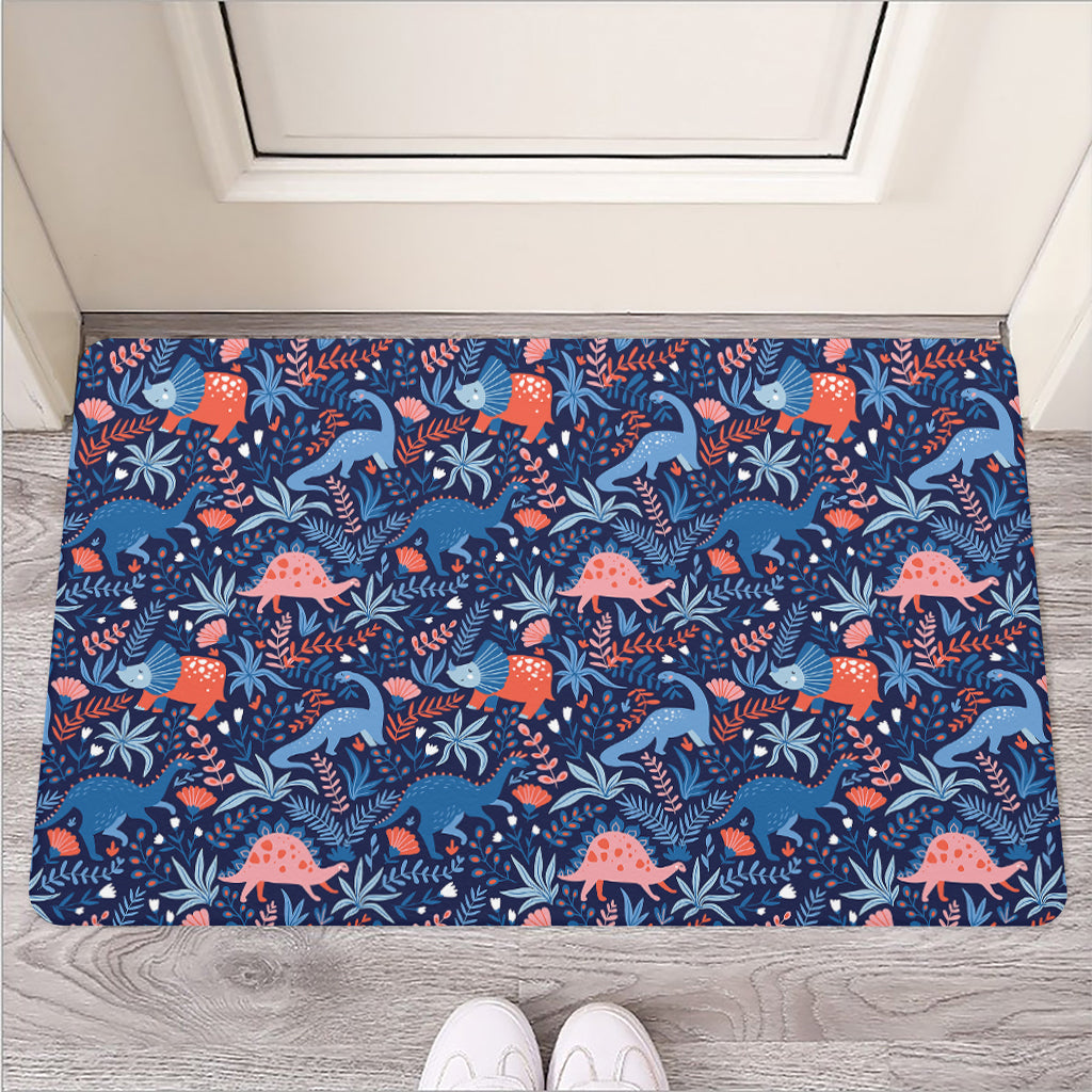 Cute Dino Leaves And Flowers Print Rubber Doormat