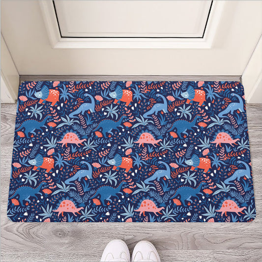Cute Dino Leaves And Flowers Print Rubber Doormat