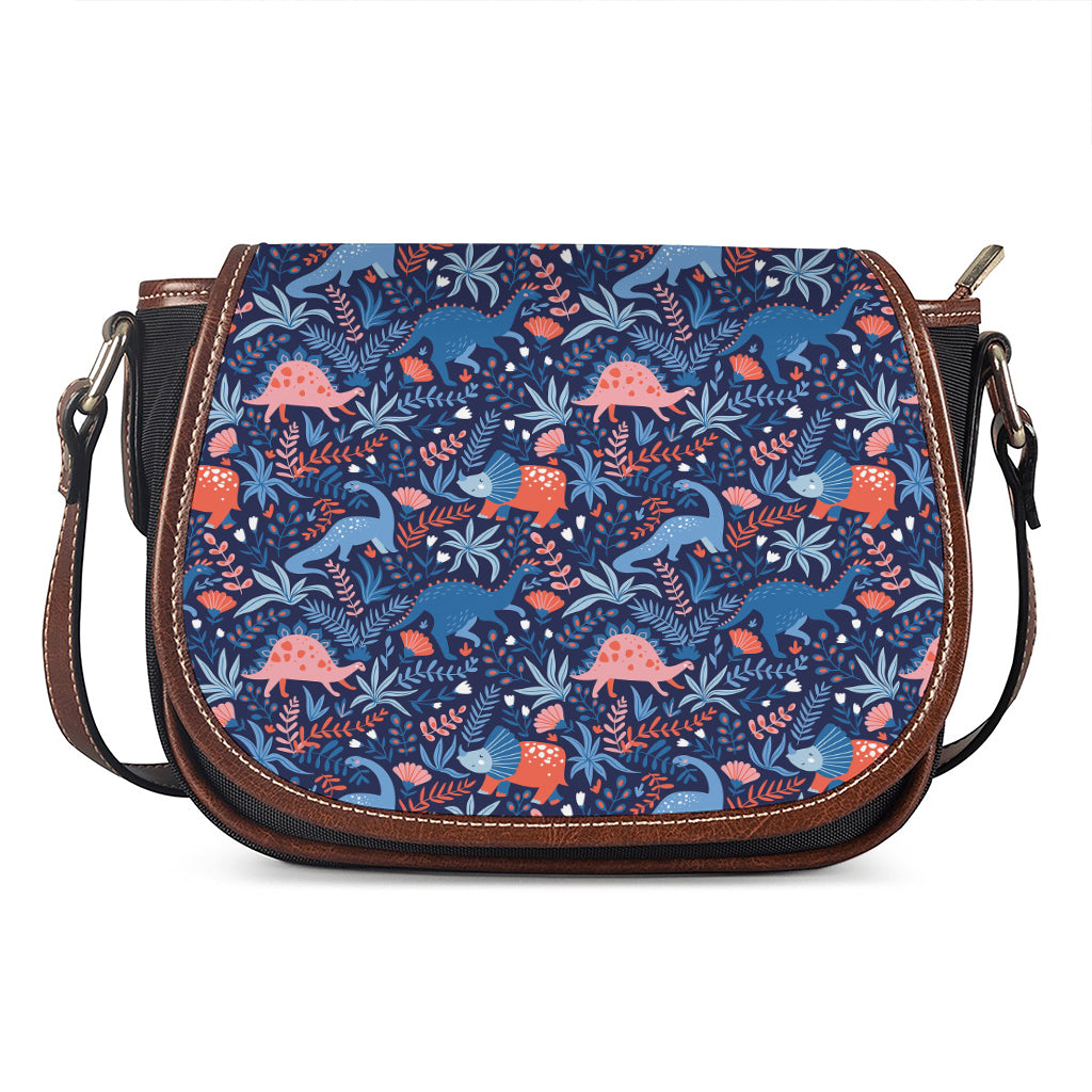 Cute Dino Leaves And Flowers Print Saddle Bag