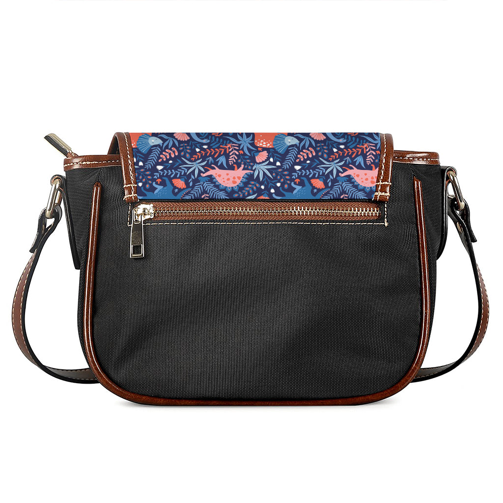 Cute Dino Leaves And Flowers Print Saddle Bag