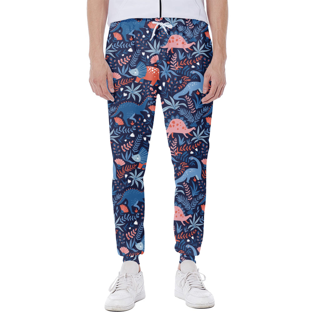 Cute Dino Leaves And Flowers Print Scuba Joggers