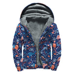 Cute Dino Leaves And Flowers Print Sherpa Lined Zip Up Hoodie