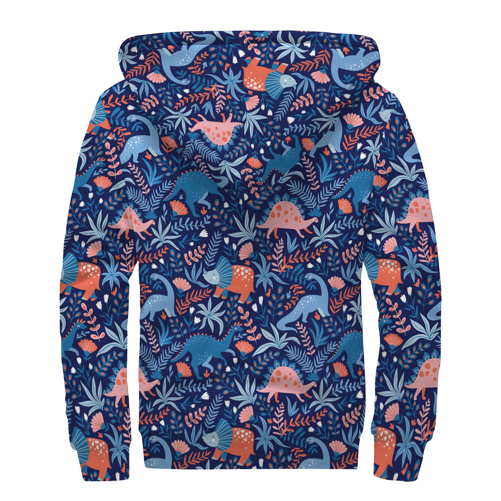 Cute Dino Leaves And Flowers Print Sherpa Lined Zip Up Hoodie