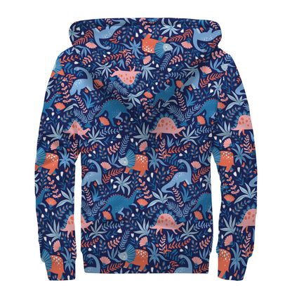 Cute Dino Leaves And Flowers Print Sherpa Lined Zip Up Hoodie