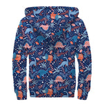 Cute Dino Leaves And Flowers Print Sherpa Lined Zip Up Hoodie