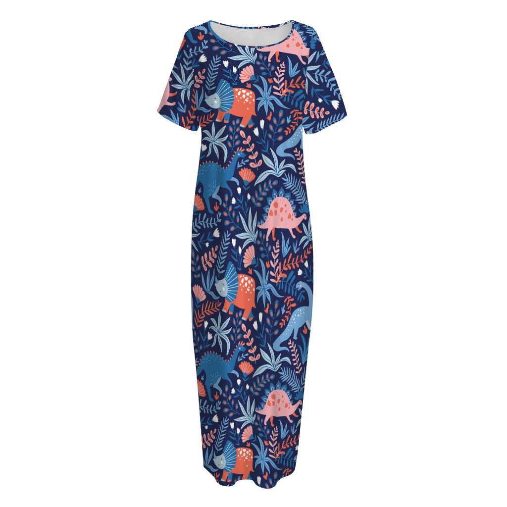 Cute Dino Leaves And Flowers Print Short Sleeve Long Nightdress