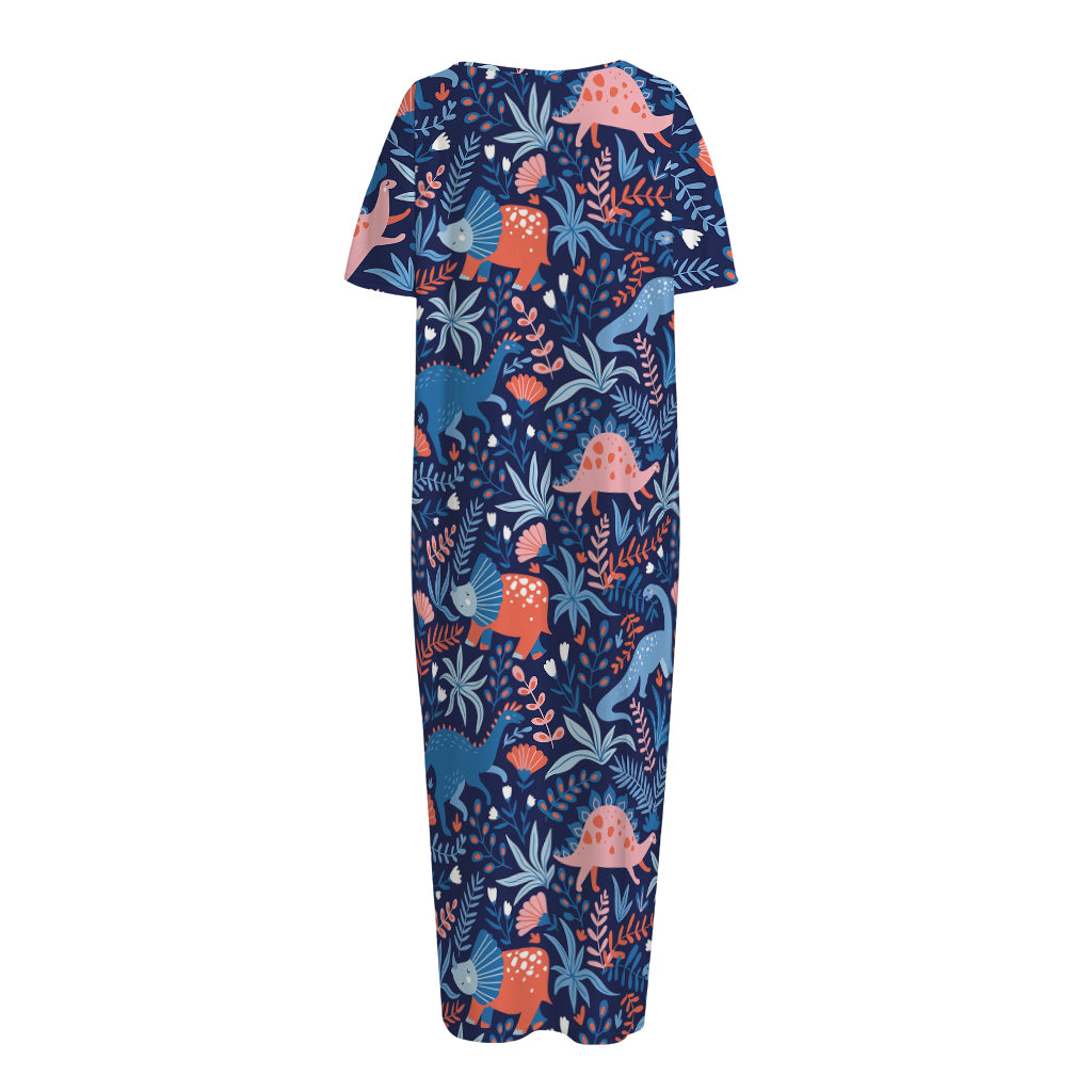 Cute Dino Leaves And Flowers Print Short Sleeve Long Nightdress