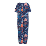 Cute Dino Leaves And Flowers Print Short Sleeve Long Nightdress
