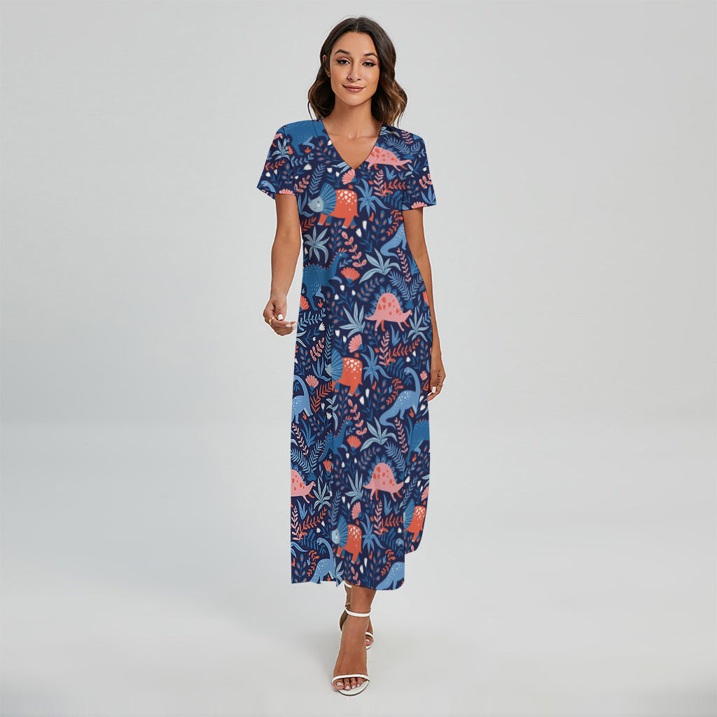 Cute Dino Leaves And Flowers Print Short Sleeve Maxi Dress