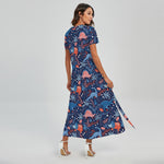 Cute Dino Leaves And Flowers Print Short Sleeve Maxi Dress