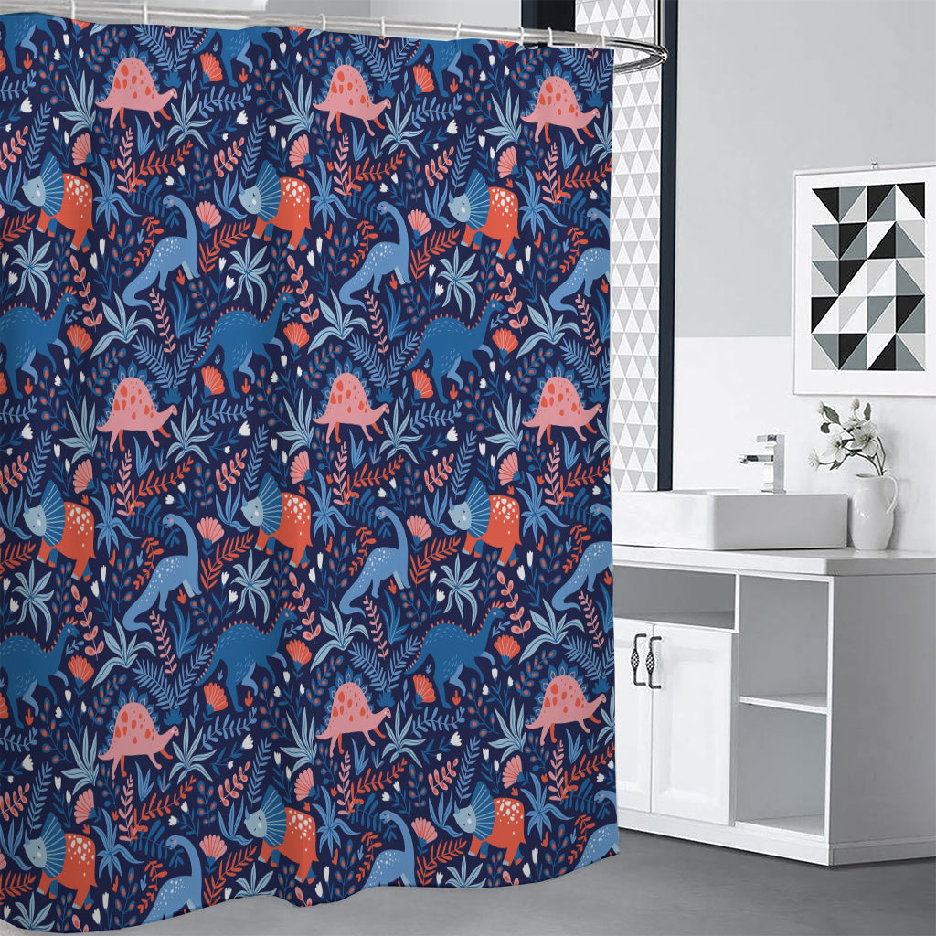 Cute Dino Leaves And Flowers Print Shower Curtain