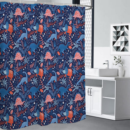 Cute Dino Leaves And Flowers Print Shower Curtain