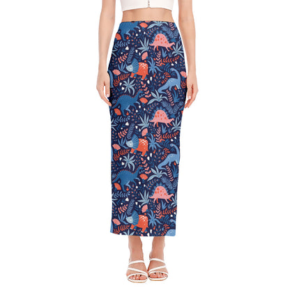 Cute Dino Leaves And Flowers Print Side Slit Maxi Skirt