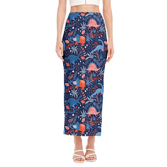 Cute Dino Leaves And Flowers Print Side Slit Maxi Skirt