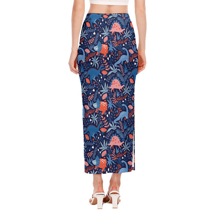 Cute Dino Leaves And Flowers Print Side Slit Maxi Skirt