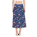 Cute Dino Leaves And Flowers Print Side Slit Midi Skirt