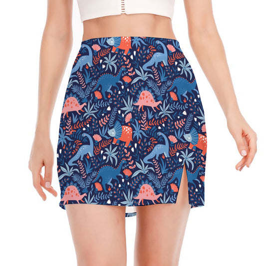 Cute Dino Leaves And Flowers Print Side Slit Mini Skirt