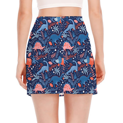 Cute Dino Leaves And Flowers Print Side Slit Mini Skirt