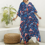 Cute Dino Leaves And Flowers Print Silk V-Neck Kaftan Dress