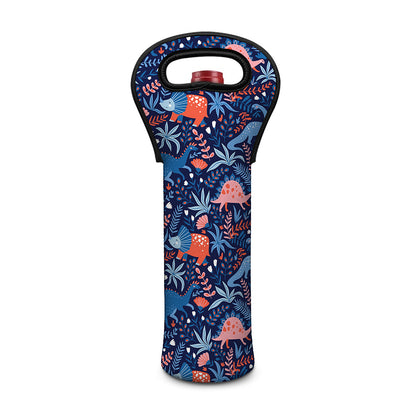 Cute Dino Leaves And Flowers Print Single Neoprene Wine Tote