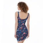 Cute Dino Leaves And Flowers Print Sleeveless Bodycon Dress