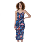 Cute Dino Leaves And Flowers Print Slim Fit Midi Cami Dress