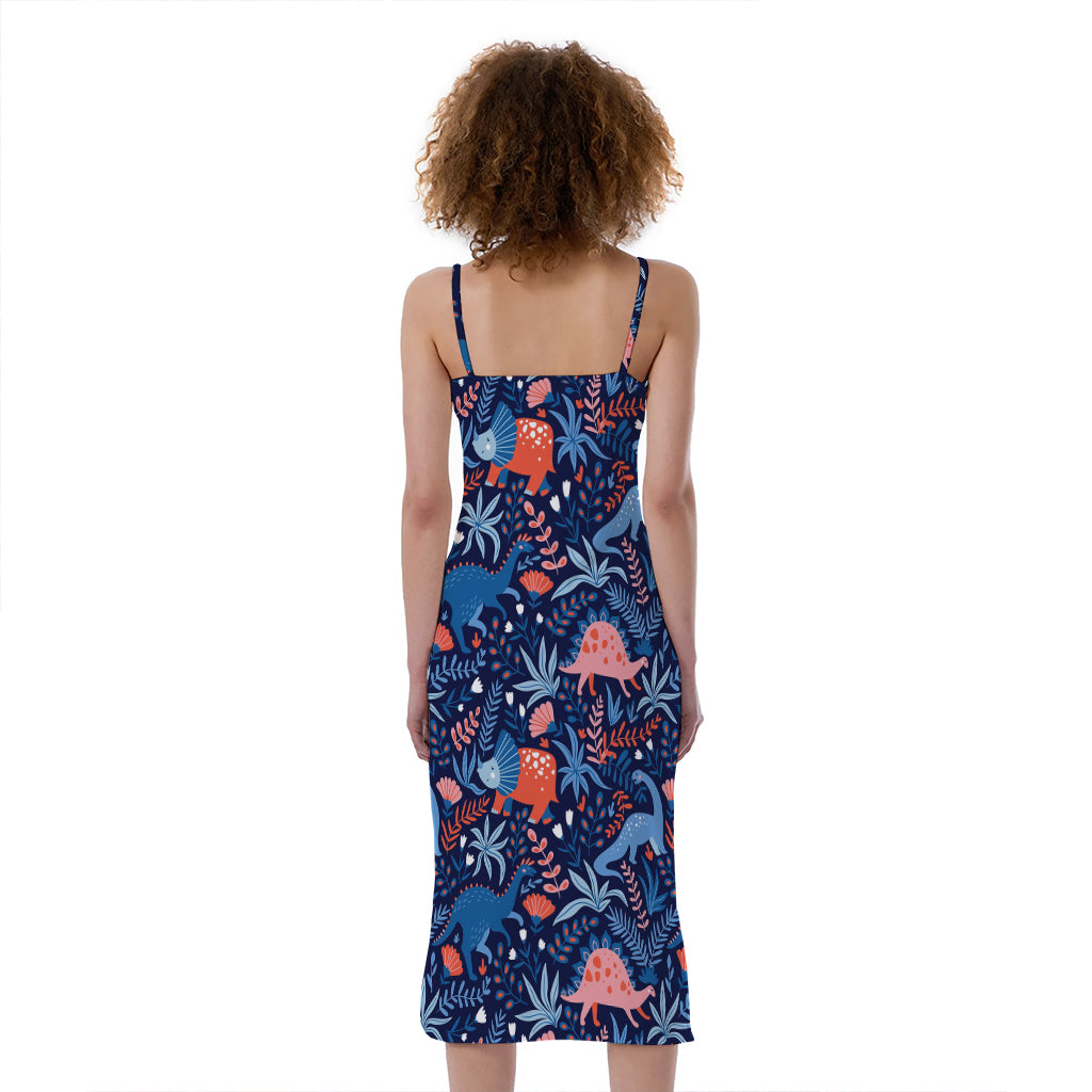 Cute Dino Leaves And Flowers Print Slim Fit Midi Cami Dress