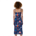Cute Dino Leaves And Flowers Print Slim Fit Midi Cami Dress
