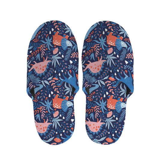 Cute Dino Leaves And Flowers Print Slippers