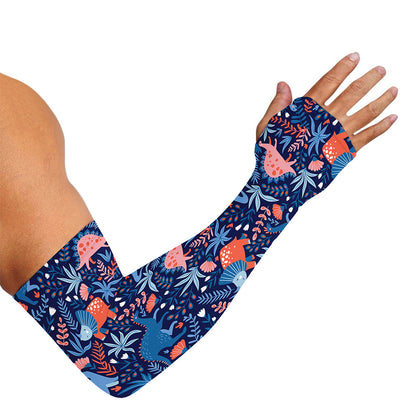 Cute Dino Leaves And Flowers Print Sun Protection Arm Sleeves