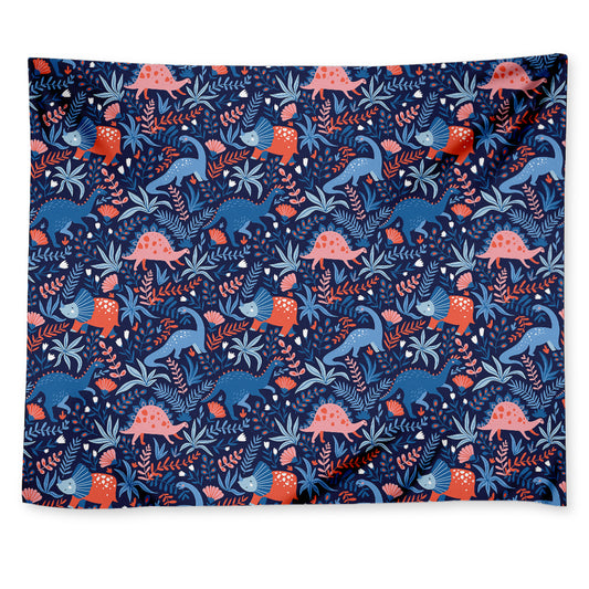 Cute Dino Leaves And Flowers Print Tapestry
