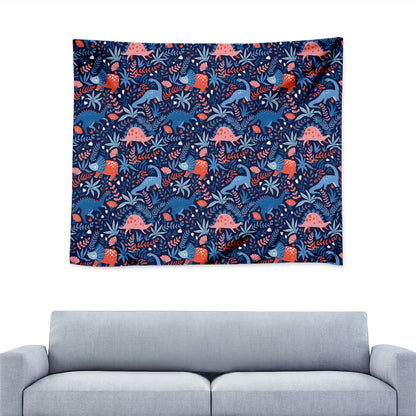 Cute Dino Leaves And Flowers Print Tapestry