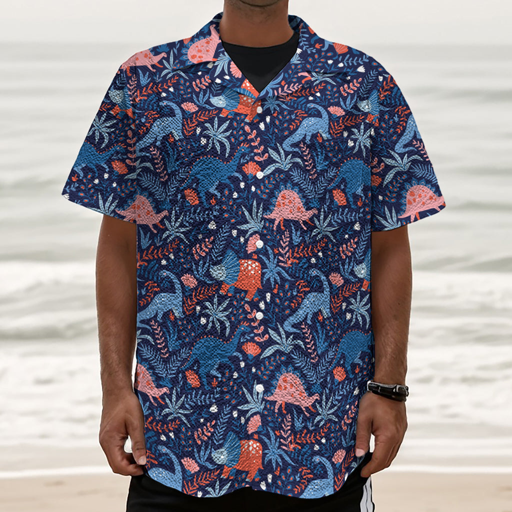 Cute Dino Leaves And Flowers Print Textured Short Sleeve Shirt